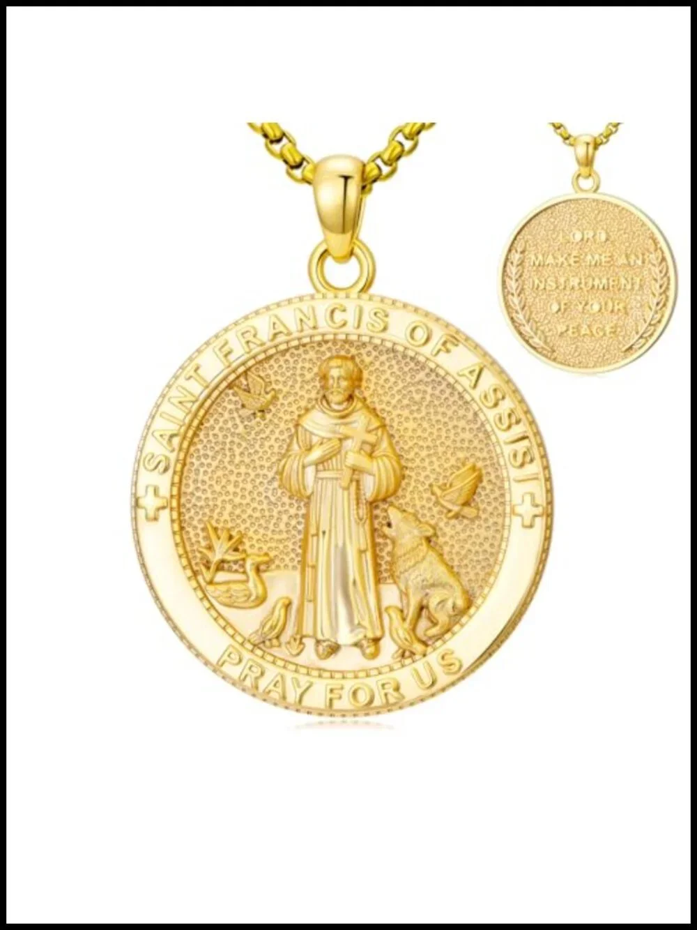 14K Gold Plated St Francis Medal Necklace Catholic Pendant for Men Women